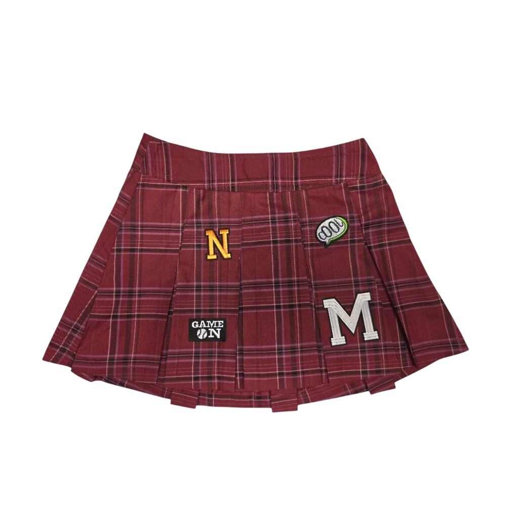 No Boundaries Burgundy Plaid Pleated Varsity Mini Skirt Graphic Patches M 7-9